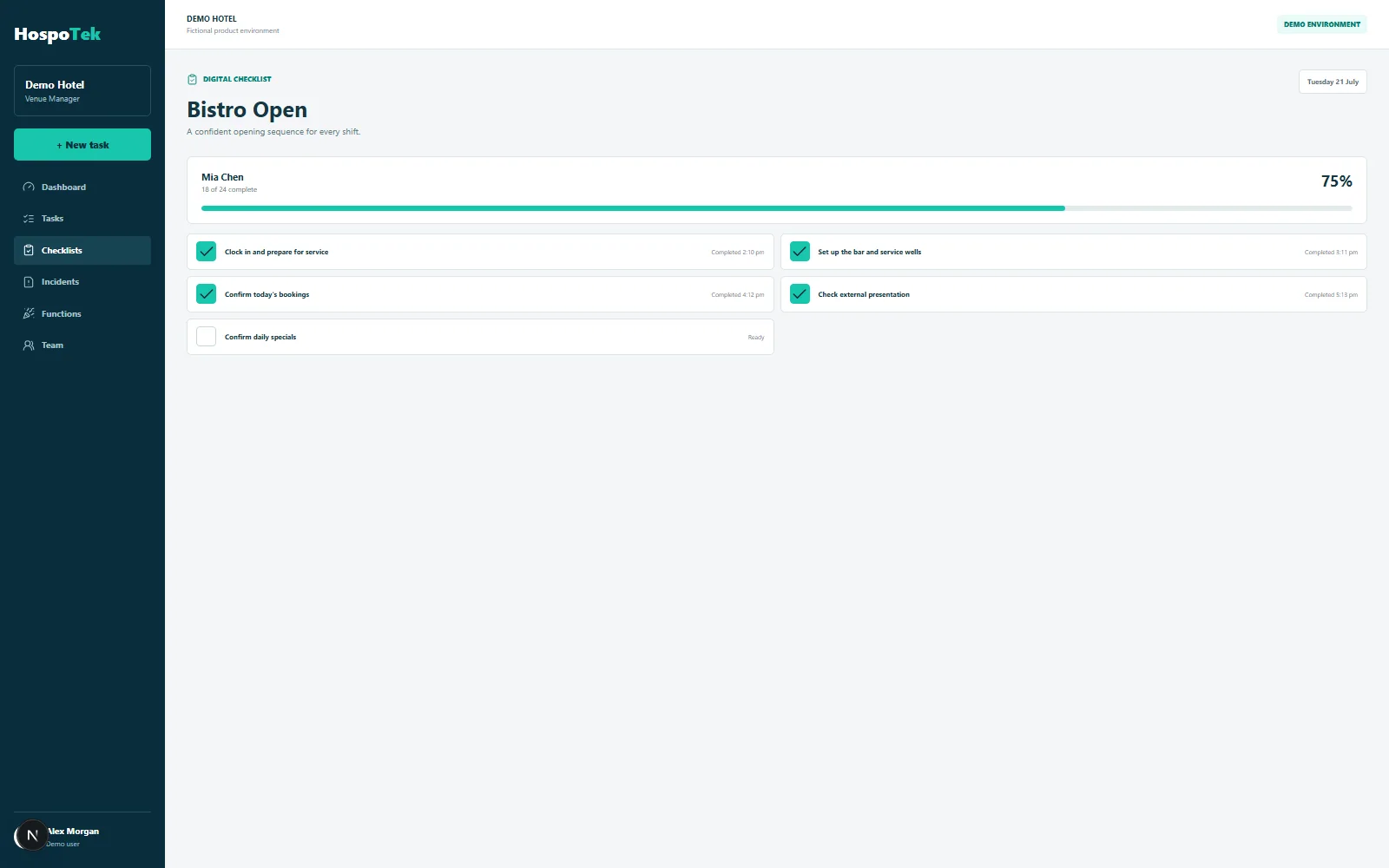 Fictional Demo Hotel digital checklist interface