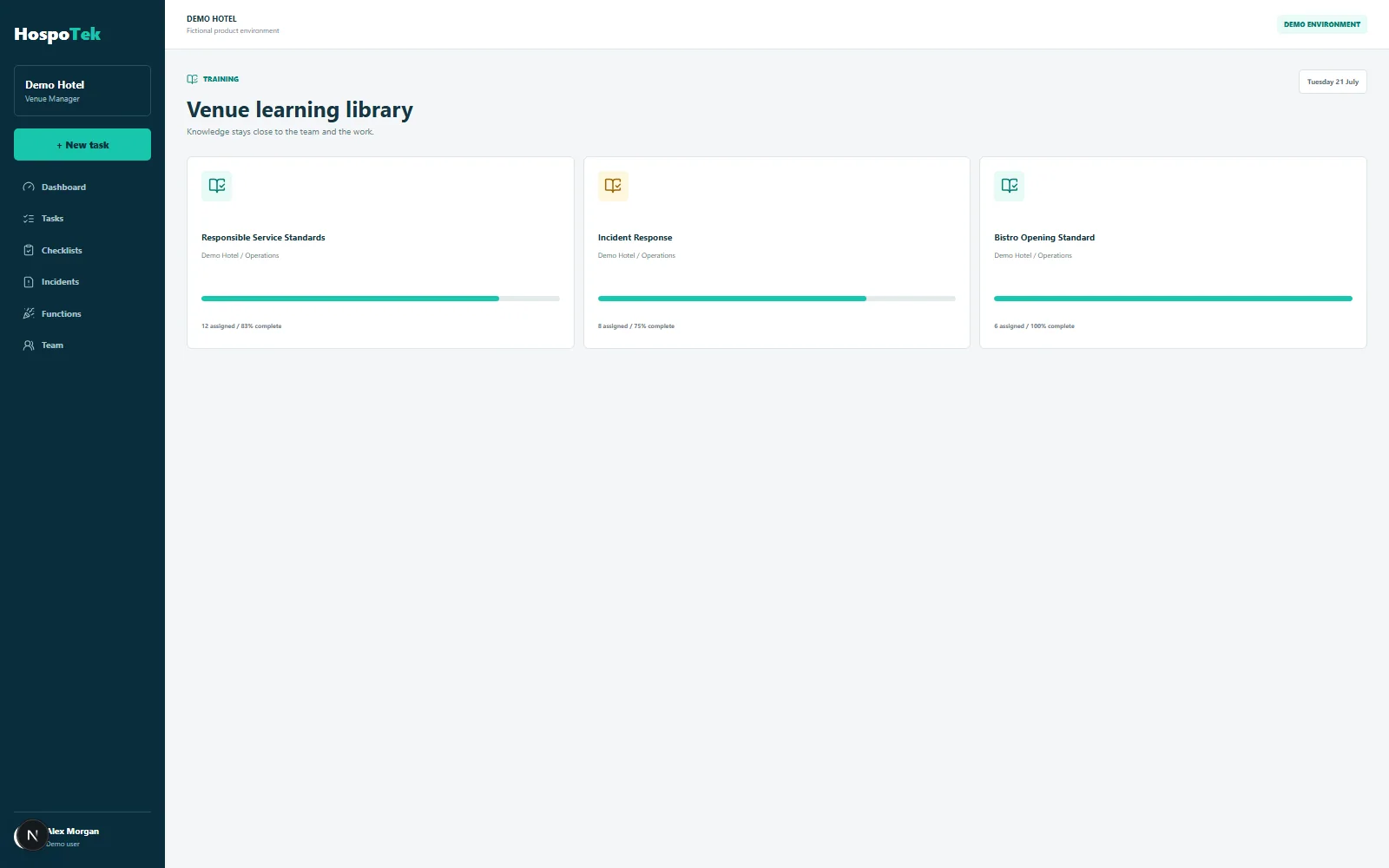 Fictional Demo Hotel training library with assigned venue learning