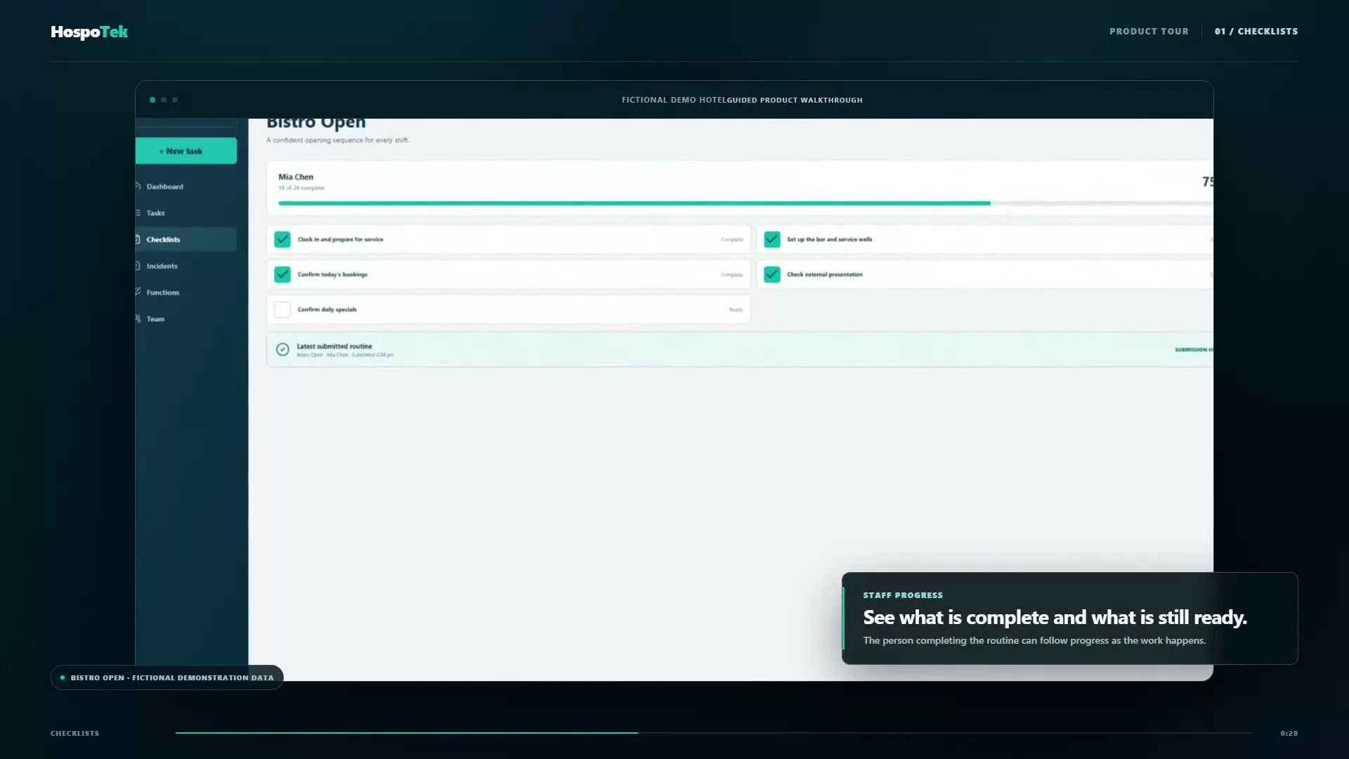 Demo Hotel digital opening checklist with staff progress and submission history